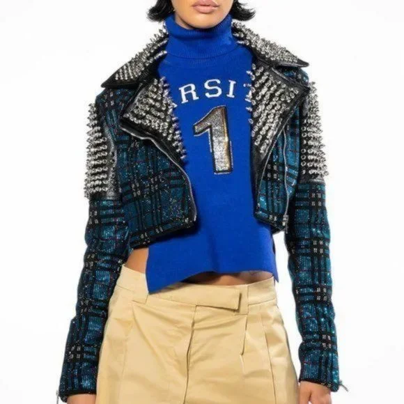 Callie Berry Bling: Teal Plaid Rhinestone Silver Studded Black Moto Jacket - Picture 9 of 12